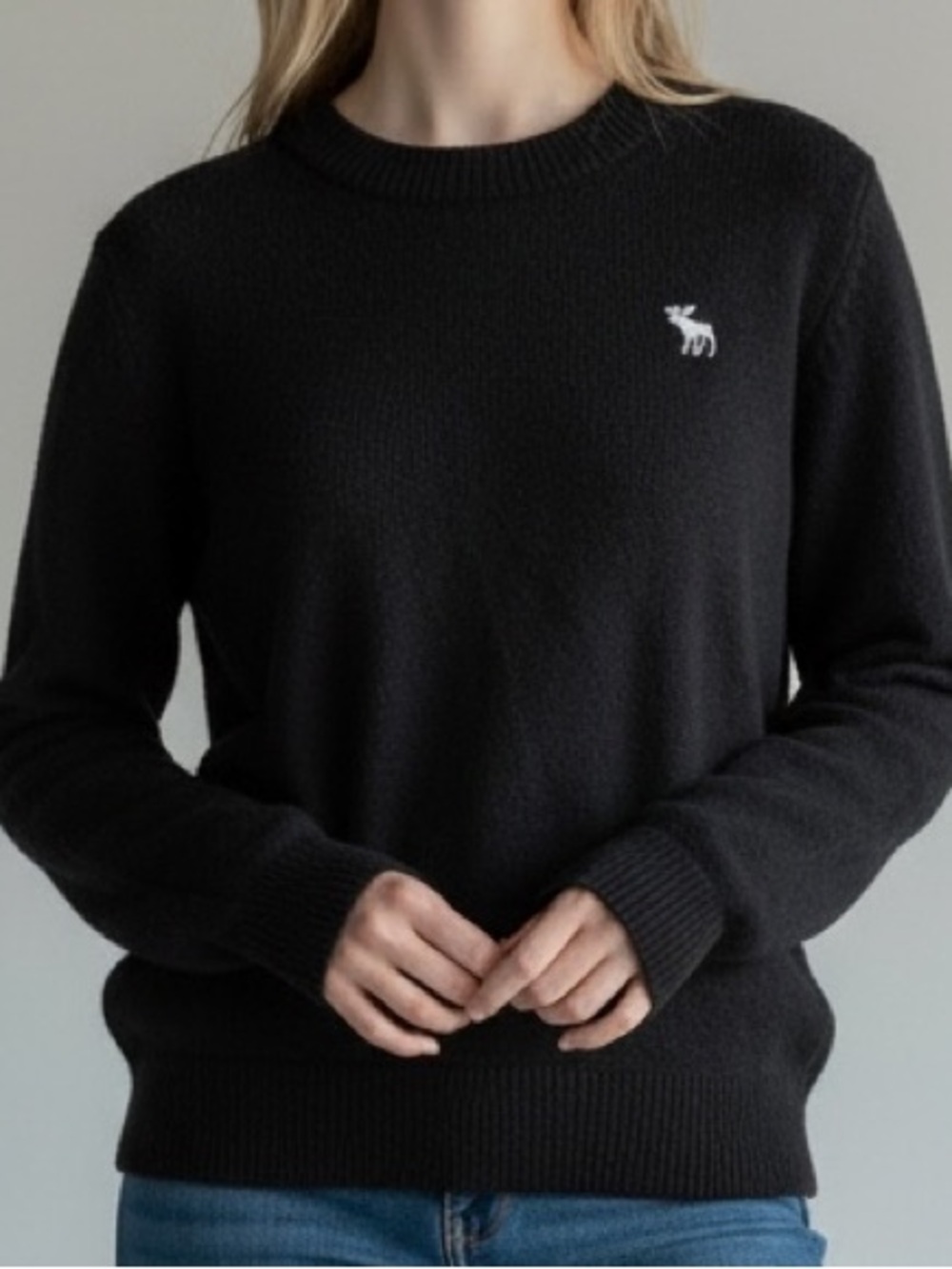 Abercrombie & Fitch Black Crewneck Sweater with White Moose Logo
